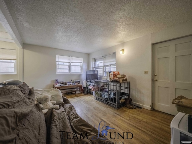 living room featuring hardwood / wood-style flooring and a textured ceiling