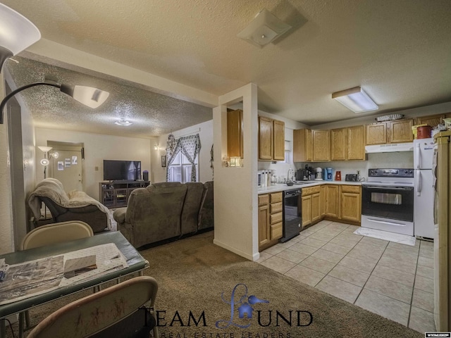 kitchen featuring sink, a textured ceiling, light tile patterned floors, electric range, and dishwasher