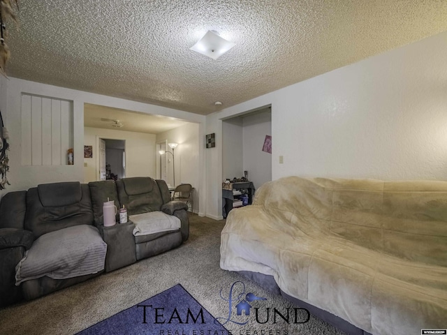 living room with carpet floors and a textured ceiling