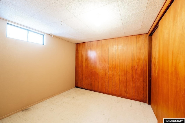 basement featuring wooden walls