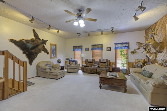 living area with a textured ceiling, ceiling fan, carpet flooring, and track lighting