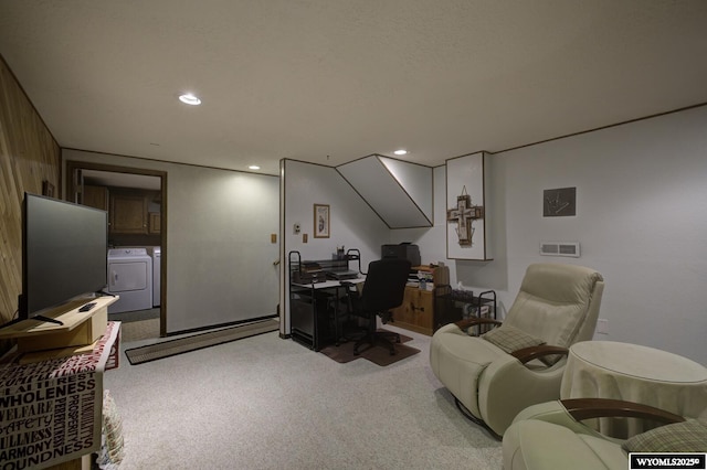 home office featuring carpet, washing machine and dryer, visible vents, and recessed lighting