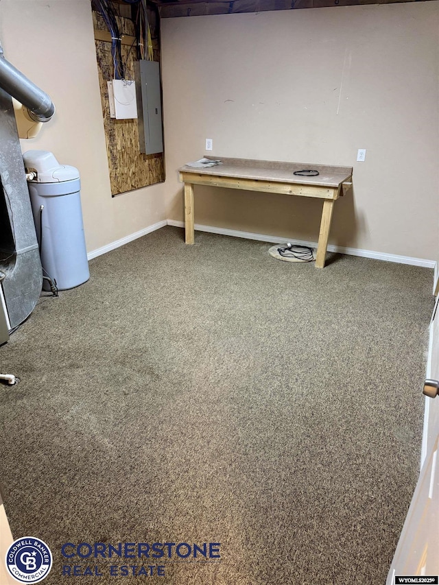 basement with electric panel and dark colored carpet