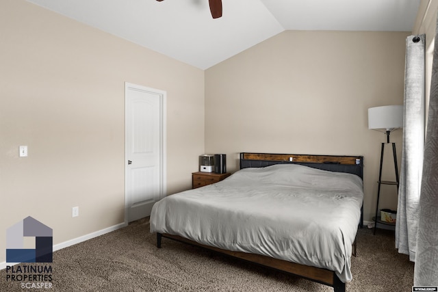 carpeted bedroom with lofted ceiling and ceiling fan