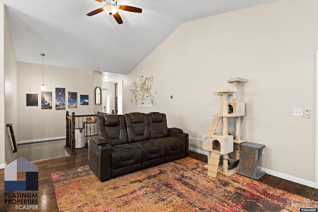 living room with vaulted ceiling, dark wood-type flooring, and ceiling fan