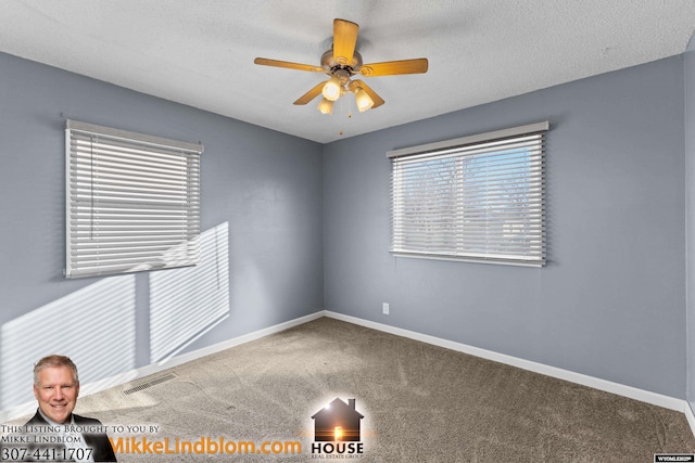 carpeted empty room with a healthy amount of sunlight, a textured ceiling, and ceiling fan