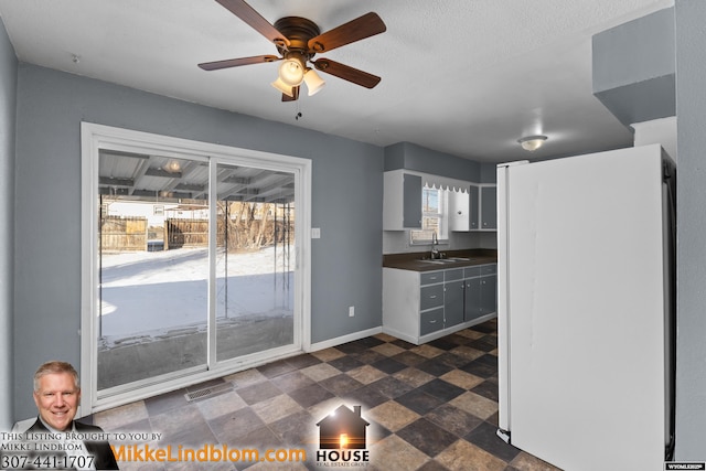 kitchen with sink, ceiling fan, a textured ceiling, and white fridge