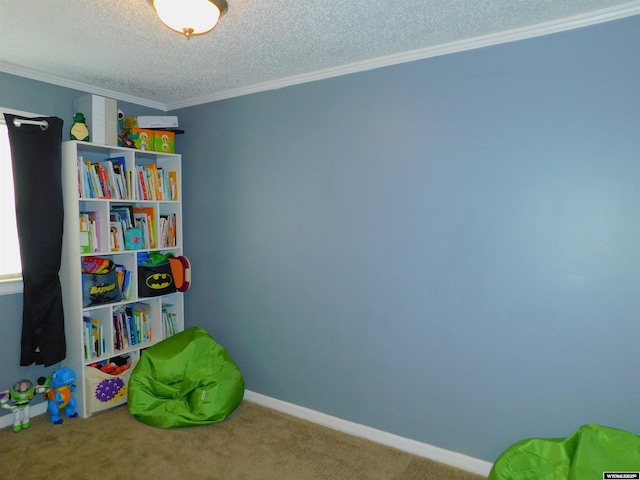 rec room featuring crown molding, carpet flooring, and a textured ceiling