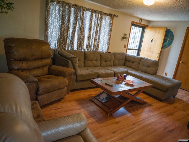 living room featuring a textured ceiling and light wood-type flooring