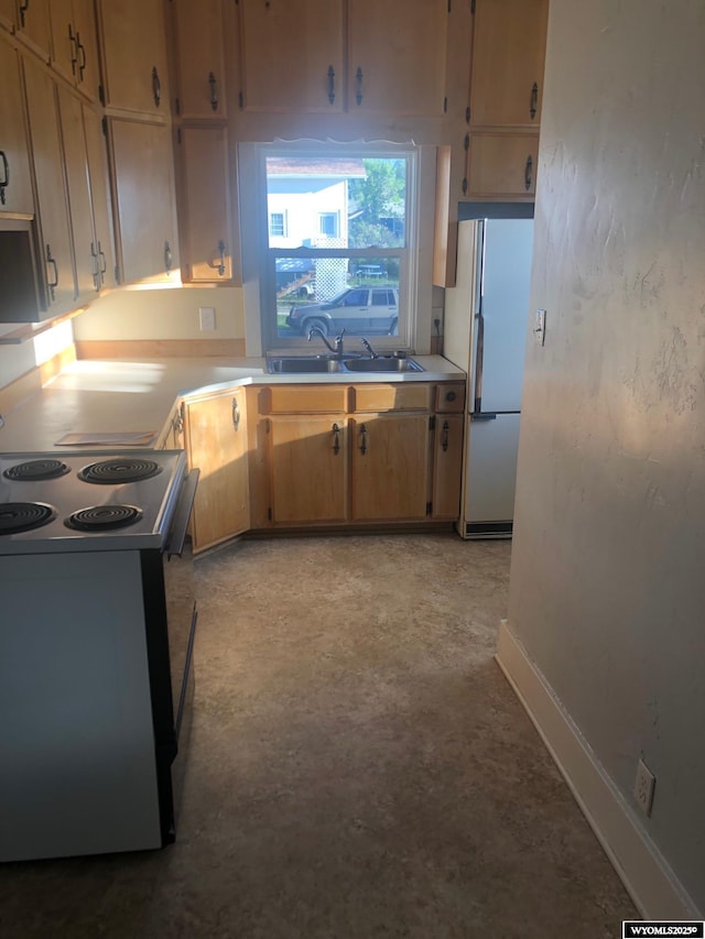 kitchen featuring a sink, baseboards, black electric range, light countertops, and freestanding refrigerator