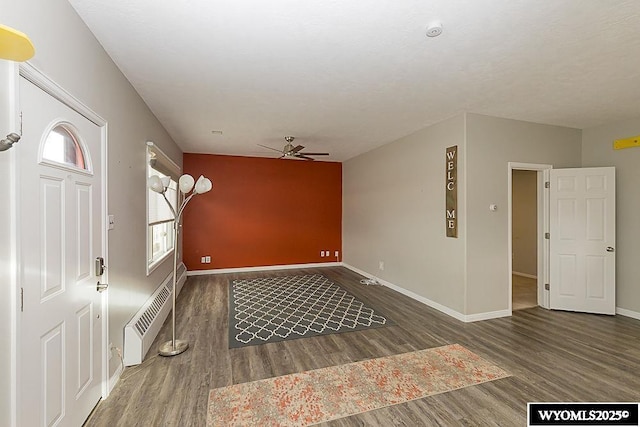 foyer entrance with ceiling fan, a wealth of natural light, and dark hardwood / wood-style flooring