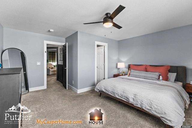 bedroom featuring ceiling fan and carpet