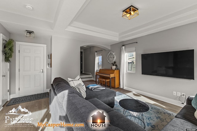 living room with dark hardwood / wood-style floors