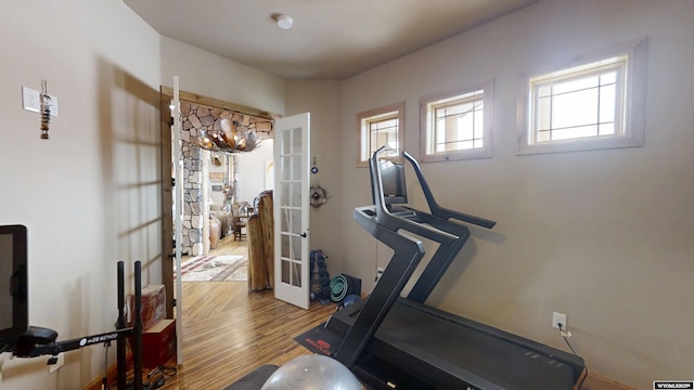 exercise area with french doors and hardwood / wood-style floors