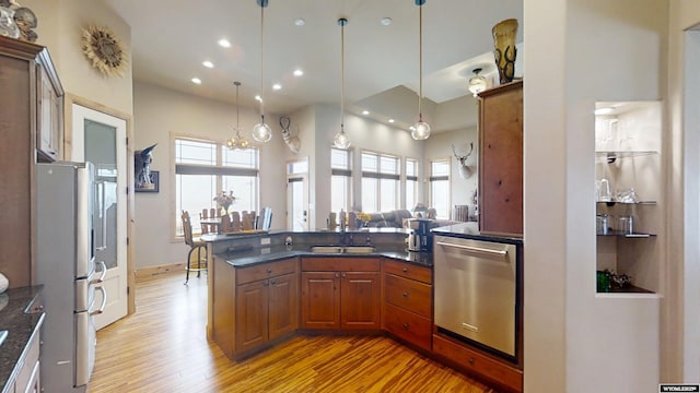 kitchen featuring hanging light fixtures, light hardwood / wood-style flooring, stainless steel appliances, and a wealth of natural light