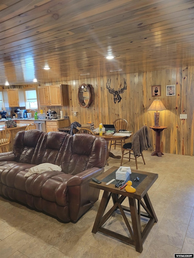 living room with wooden walls and wooden ceiling