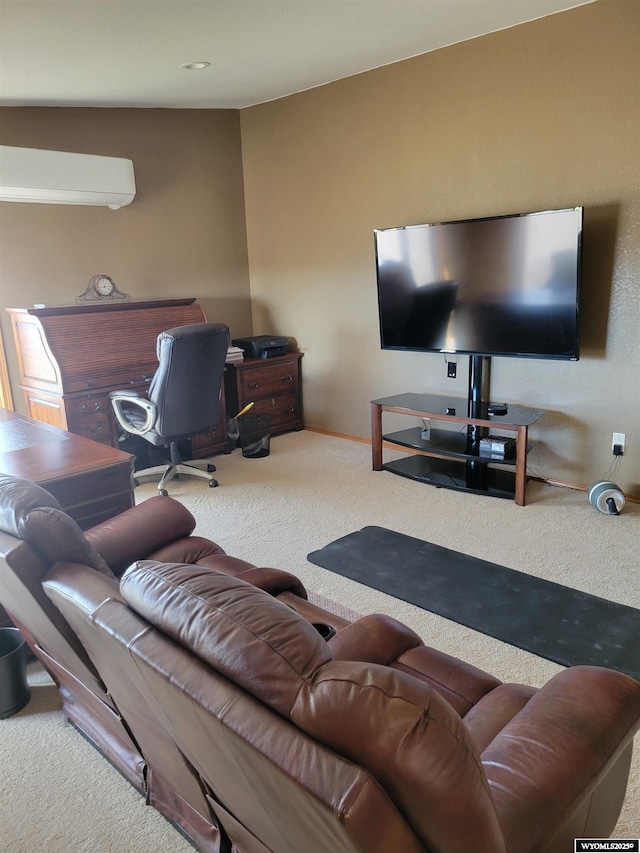 living room with a wall mounted AC and carpet floors