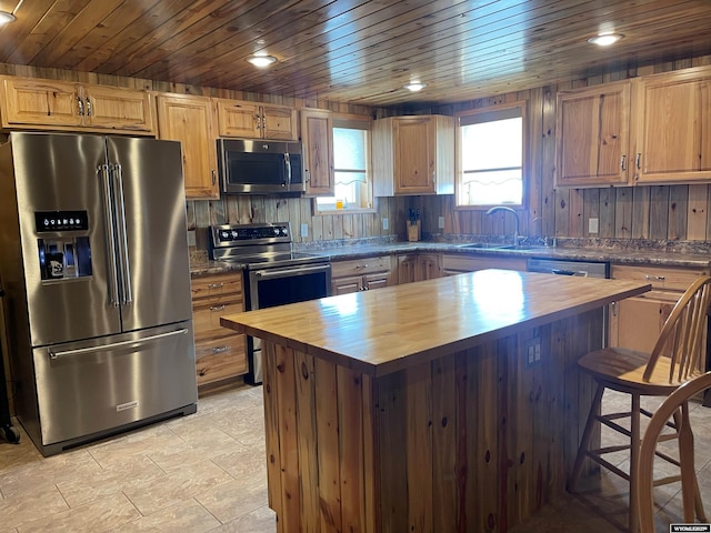 6447 Clark Cir, Torrington, WY 82240 - kitchen featuring stainless steel appliances, butcher block counters, a sink, wood ceiling, and a center island