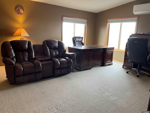 carpeted home office with a wall mounted AC and vaulted ceiling