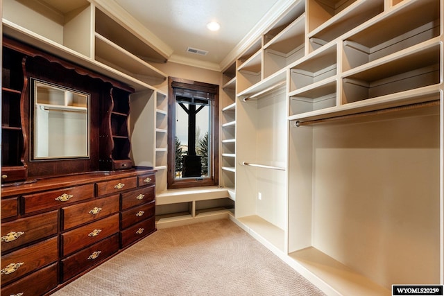 walk in closet featuring light carpet