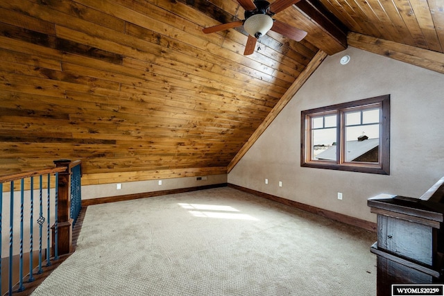 bonus room with ceiling fan, wood ceiling, vaulted ceiling with beams, and carpet floors