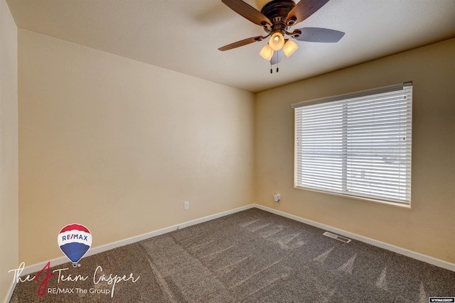 empty room with carpet flooring and ceiling fan