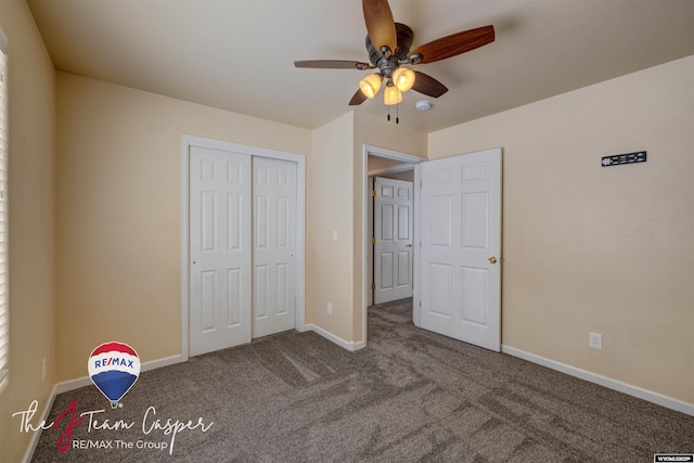 unfurnished bedroom featuring a closet, ceiling fan, and carpet flooring