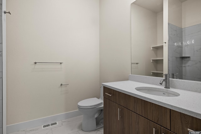 bathroom featuring marble finish floor, visible vents, toilet, vanity, and baseboards