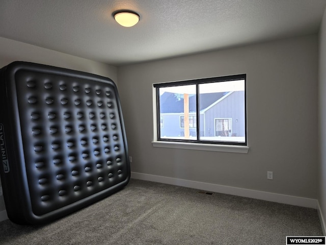 unfurnished bedroom featuring visible vents, a textured ceiling, baseboards, and carpet flooring