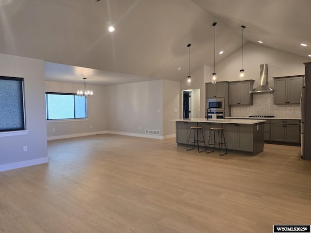 kitchen featuring visible vents, a kitchen island, stainless steel appliances, gray cabinets, and wall chimney range hood