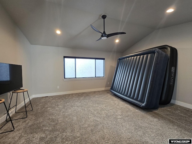 carpeted cinema with baseboards, vaulted ceiling, a ceiling fan, and recessed lighting