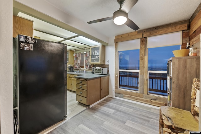 kitchen with ceiling fan, light hardwood / wood-style flooring, and black refrigerator