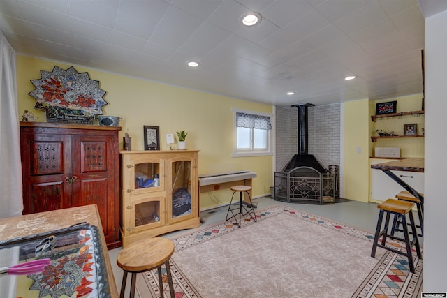 interior space with a wood stove