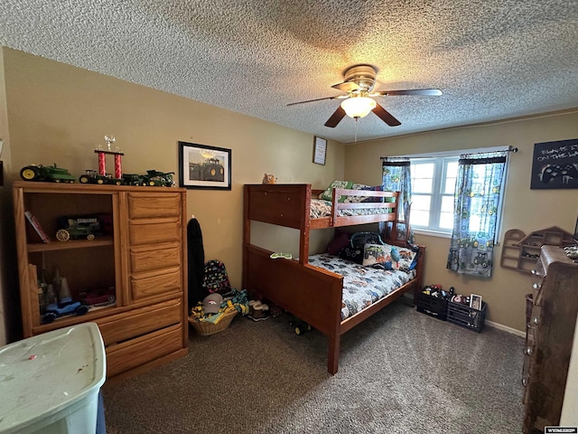 bedroom with carpet floors, a ceiling fan, and a textured ceiling