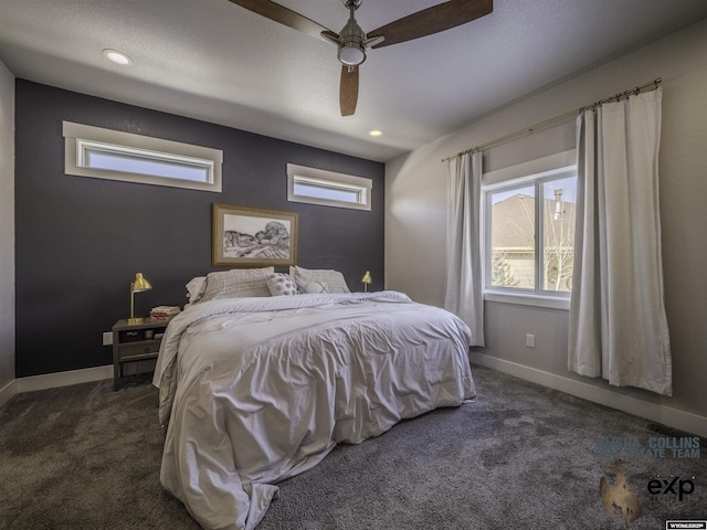 bedroom featuring baseboards, dark colored carpet, a ceiling fan, and recessed lighting