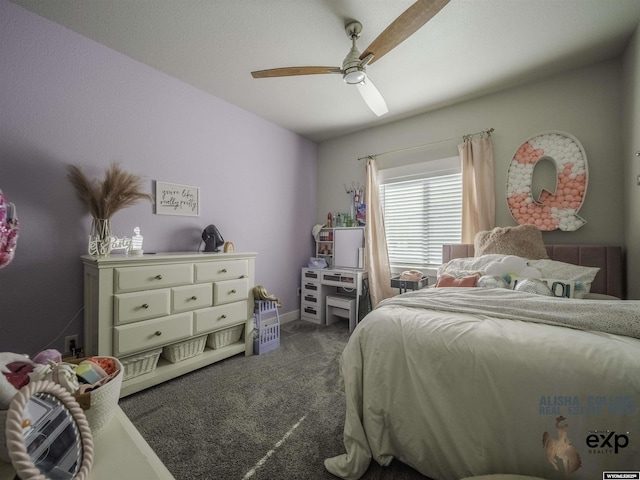 bedroom featuring carpet floors, a ceiling fan, and baseboards