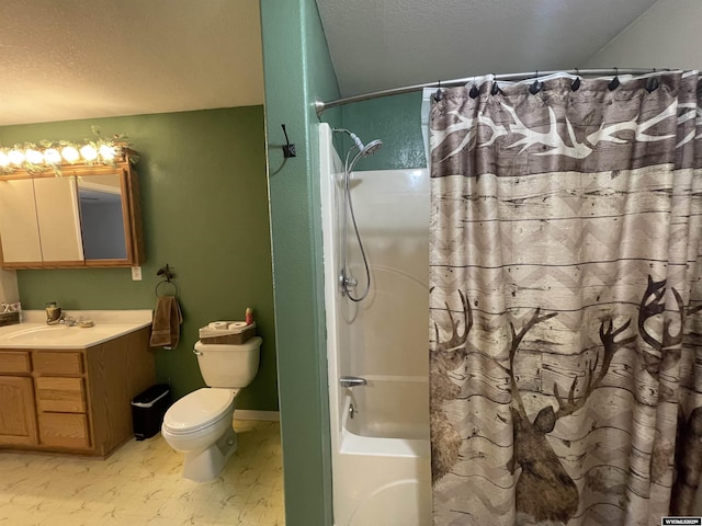 bathroom with shower / bath combination with curtain, toilet, vanity, a textured ceiling, and baseboards