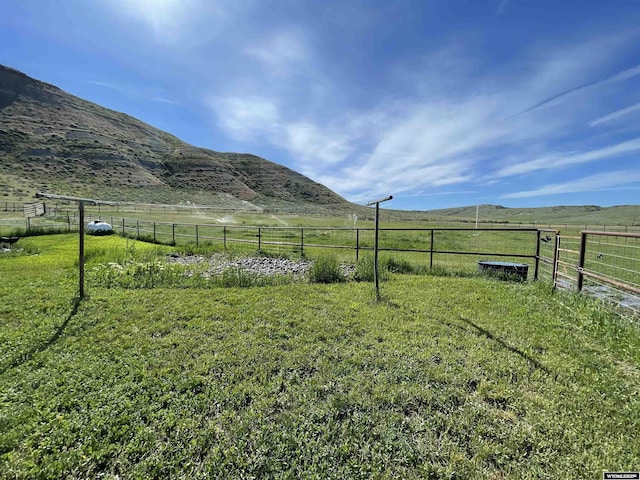 view of yard featuring a rural view, fence, and a mountain view