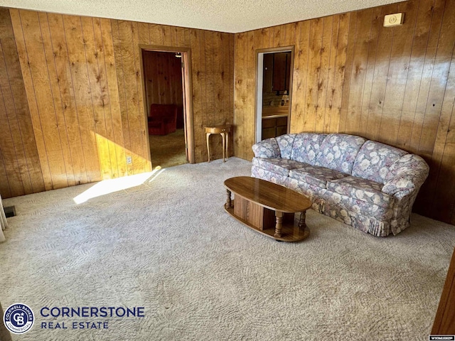 living area with wooden walls, carpet, and a textured ceiling