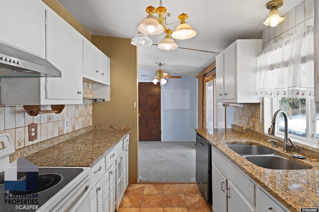 kitchen featuring white electric range oven, a sink, white cabinets, dishwasher, and decorative light fixtures