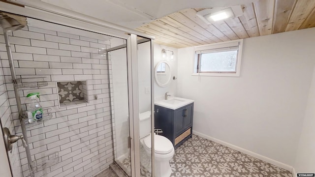 bathroom featuring baseboards, toilet, wood ceiling, vanity, and a shower stall