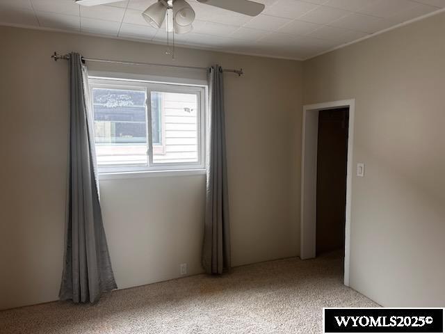 unfurnished room featuring a ceiling fan and light carpet