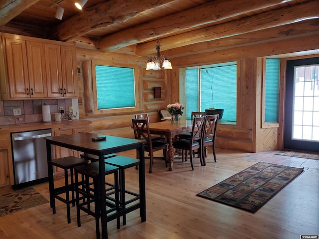 dining space with beam ceiling, rustic walls, light wood-style floors, wood ceiling, and a chandelier