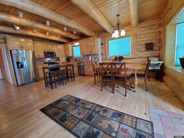 dining area featuring a notable chandelier, rustic walls, light wood-style flooring, wood ceiling, and beamed ceiling