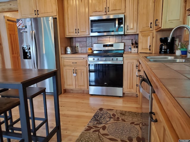 kitchen featuring light wood-style floors, tasteful backsplash, stainless steel appliances, and a sink