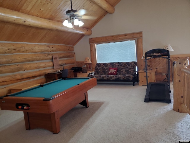 rec room with lofted ceiling with beams, light carpet, pool table, wood ceiling, and a ceiling fan