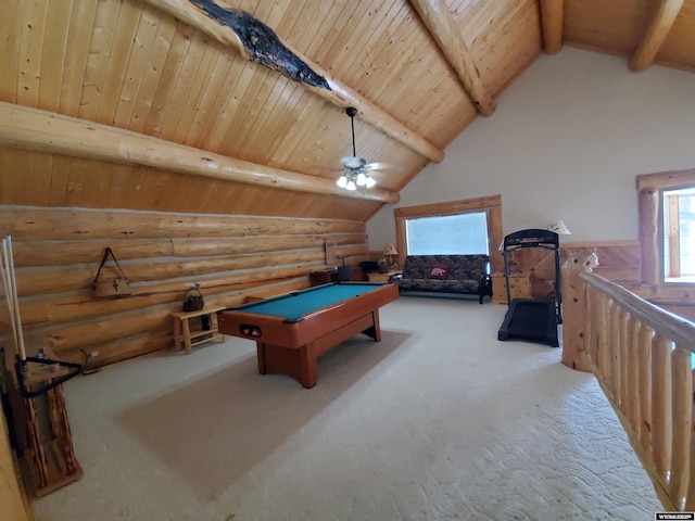 recreation room with light carpet, vaulted ceiling with beams, wood ceiling, and billiards