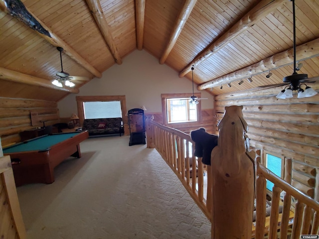 game room with lofted ceiling with beams, wooden ceiling, light carpet, pool table, and log walls