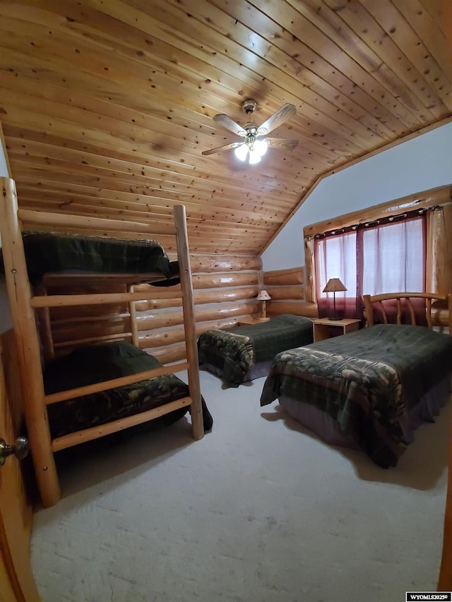 carpeted bedroom with rustic walls, wood ceiling, a ceiling fan, and lofted ceiling