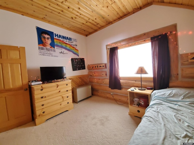 carpeted bedroom featuring wooden ceiling and log walls